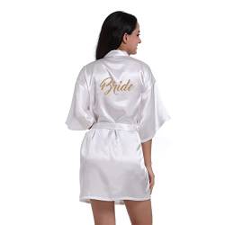 Prohonbec Damen Satin Kimono Braut Badmantel mit Goldenem Glitzer, Gürtel für Hochzeit Party, Brauttag Morgenmantel (S, Weiße- Braut) von Prohonbec