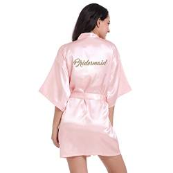 Prohonbec Damen Satin Kimono Brautjungfer Badmantel mit Goldenem Glitzer, Gürtel für Hochzeit Party, Brauttag Morgenmantel (S, Rosa- Brautjungfer) von Prohonbec