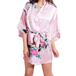 Prohonbec Damen Satin Kimono Morgenmantel mit Gürtel, Pfau und Blumen Muster, V-Ausschnitt Bademantel Kurz Robe Braut Bademantel Nachtwäsche für Tägliche Kleidung, Spa, Brautparty, Rosa von Prohonbec