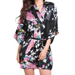 Prohonbec Damen Satin Kimono Morgenmantel mit Gürtel, Pfau und Blumen Muster, V-Ausschnitt Bademantel Kurz Robe Braut Bademantel Nachtwäsche für Tägliche Kleidung, Spa, Brautparty, Schwarz von Prohonbec