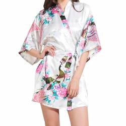 Prohonbec Damen Satin Kimono Morgenmantel mit Gürtel, Pfau und Blumen Muster, V-Ausschnitt Bademantel Kurz Robe Braut Bademantel Nachtwäsche für Tägliche Kleidung, Spa, Brautparty, Weiß von Prohonbec