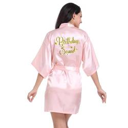Prohonbec Geburtstag Queen and Squad Bademantel Damen Satin Birthday SPA Kimono Robe mit Goldene Glitzer, Kurze Pyjama Nachtwäsche V-Ausschnitt Loungewear für Geburtstag Party von Prohonbec