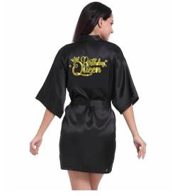 Prohonbec Geburtstag Queen and Squad Bademantel Damen Satin Birthday SPA Kimono Robe mit Goldene Glitzer, Kurze Pyjama Nachtwäsche V-Ausschnitt Loungewear für Geburtstag Party von Prohonbec