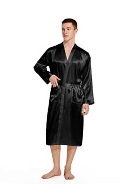 Prohonbec Herren Kimono Bademantel aus Satin mit 2 Taschen für den täglichen Gebrauch, Schlaf, Hochzeit, seidiger Langarm-Bademantel, Nachtwäsche (L, Schwarz) von Prohonbec