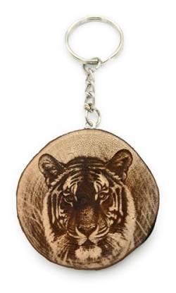 Promotech Tiger im Gras Handgefertigter Lasergravierter Einzelstück Schlüsselanhänger aus Holz von Promotech