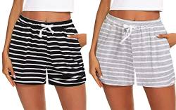 Prosoft&Hawiton Damen Pyjama-Shorts mit Taschen, bequeme Schlafshorts, Baumwolle, Lounge-Pyjamahose, Schwarz und Grau gestreift, Large von Prosoft&Hawiton