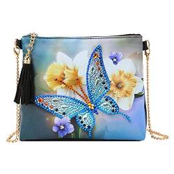 Prosperveil Damen Crossbody Handy-Tasche DIY Diamant Malerei Leder Münzbörse Halter Geldbörse Clutch Kleine Schultertasche mit Kettenriemen und Quasten, - Blauer Schmetterling und Blume - Größe: Small von Prosperveil