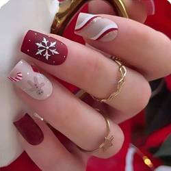 Prosy 24pcs Weihnachtsnägel Kurze quadratische gefälschte Nägel Roter Elch Wald Schneeflocken Falsche Nägel Schneemann Goldfolie Glitter Presse auf Nägel für Frauen und Mädchen (A) von Prosy