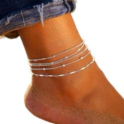 Prosy Beach Layered Perlen Fußkettchen Silber Knöchel Armbänder Kette Fuß Schmuck Einstellbar für Frauen Mädchen von Prosy