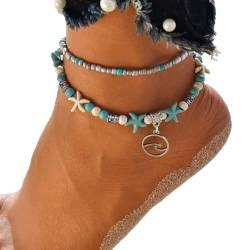 Prosy Boho Muschel/Seestern/Schildkröte/Fußkettchen Weben Knöchelarmbänder Perlen Strand Sommer Fußschmuck Einstellbar für Frauen und Mädchen von Prosy