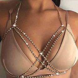 Prosy Glitzernde Strass-Bikini-Kette für den Brustbereich, für Sommer, Strand, Nachtclub, Schmuck, verstellbar für Damen und Mädchen (Gold) von Prosy