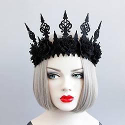 Prosy Halloween Gothic Schwarze Krone Rote Rose Blume Stirnband Maskerade Cosplay Mond Kopfbedeckung Damen und Mädchen (A) von Prosy