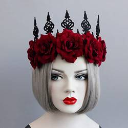 Prosy Halloween Gothic Schwarze Krone Rote Rose Blume Stirnband Maskerade Cosplay Mond Kopfbedeckung Damen und Mädchen (B) von Prosy