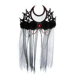 Prosy Halloween Gothic Schwarze Krone Rote Rose Blume Stirnband Maskerade Cosplay Mond Kopfbedeckung Damen und Mädchen (D) von Prosy