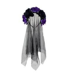 Prosy Halloween Rose Blume Stirnband Schwarz Schleier Kostüm Gotische Braut Schleier Fancy Kleid Kopfbedeckung Zubehör für Mädchen (Lila Schwarz) von Prosy