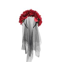 Prosy Halloween Rose Blume Stirnband Schwarz Schleier Kostüm Gotische Braut Schleier Fancy Kleid Kopfbedeckung Zubehör für Mädchen (Rot) von Prosy