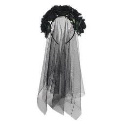 Prosy Halloween Rose Blume Stirnband Schwarz Schleier Kostüm Gotische Braut Schleier Fancy Kleid Kopfbedeckung Zubehör für Mädchen (Schwarz) von Prosy