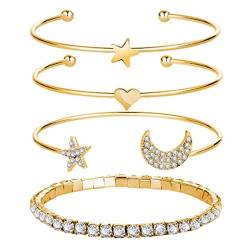 Prosy Multilayer Star Open Bangle Bracelets Set Crescent Moon Bead Fantasy Perlen Hand Accessoires Schmuck verstellbar für Frauen und Mädchen (Gold) von Prosy