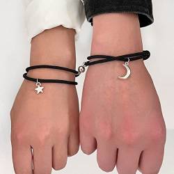 Prosy Simple Star Moon Couple Bracelets Silver Girlfriends Handmade Black Rope Adjustable Magne Bracelet for Women and Girls von Prosy