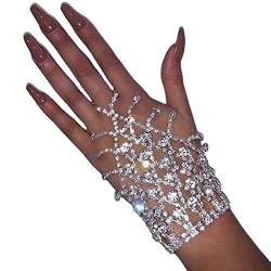 Prosy Strass Armband Ring Silber Hand Kette Kristall Armreif Finger Ring Armbänder Hochzeit Hand Harness Hand Zubehör für Frauen und Mädchen von Prosy