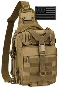 Protector Plus Taktische Schultertasche, Militär, MOLLE Crossbody Pack, Brust, Schulterrucksack, EDC Windeltasche, Motorrad, Fahrrad, Tagesrucksack (Patch enthalten), Braun von Protector Plus