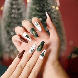 Prreal Christmas Press On Nails, Long False Nails, Snow Deer Christmas Tree Fake Nails, Full Cover Nail Art Stick-On Nails with Nail Glue, Festival Nail Gift for Women Girl von Prreal