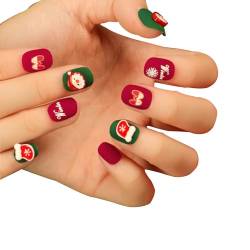 Prreal Christmas Press On Nails, Short False Nails, Snow Deer Christmas Tree Fake Nails, Full Cover Nail Art Stick-On Nails with Nail Glue, Festival Nail Gift for Women Girl, C01 von Prreal
