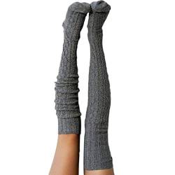 Prreey Damen Oberschenkelhohe Wollsocken gestrickte Overknee-Socken extra lange Kniestrümpfe Beinwärmer, grau, One size von Prreey