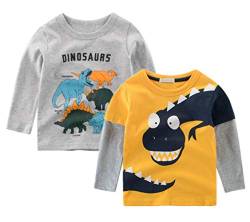 Garcon Langarm-T-Shirt, Dinosaurier, für kleine Jungen, 2 Stück, 100 % Baumwolle, Top, 1 – 8 Jahre, gelb, 4-5 Jahre von Psafagsa
