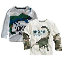 Psafagsa 2er Pack Jungen Langarmshirt Dinosaurier Longsleeve Tshirt Kinder Baumwolle Rundhals Tops Oberteil kinderkleidung Weiss 2-3 Jahre. von Psafagsa