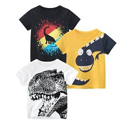 Psafagsa 3er Pack Jungen T-Shirts Dinosaurier T-Shirt Kinder Baumwolle Rundhals Tops Oberteil kinderkleidung Gelb 1-2 Jahre von Psafagsa