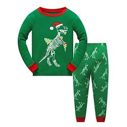 Psafagsa Junge Weihnachts Pyjama Schlafanzug Kinder Mädchen Weihnachtspyjama Langarm Dinosaurier Sweatshirt + Hose 2 Stück Bekleidungsseteidung Weihnachtsoutfit Grün 1-2 Jahre von Psafagsa