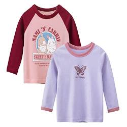 Psafagsa Mädchen Langarmshirt Kinder Baumwolle Longsleeve Shirt mit niedlichem Druck 2-teiliges Set Rundhals Tops Lila und Rot 1-2 Jahre von Psafagsa