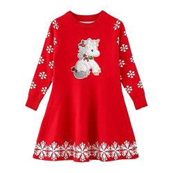 Psafagsa Mädchen Weihnachten Kleid Prinzessin Weihnachtskleid Langarm Strickkleid Kinder Einhörner Schneeflocke Kleid Festliche Winter Kleid 3-4 Jahre / 110cm von Psafagsa