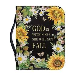 Psaytomey Bibelhülle mit Sonnenblumen-Blumendruck, für Damen, mit Taschen und Reißverschluss, PU-Leder, Bibeltasche, Handtasche für 4 Standardgrößen, Bibel, Gott ist in ihr, sie wird nicht fallen von Psaytomey