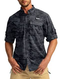 Herren Sonnenschutz Angeln Hemden Langarm Reise Arbeit Hemden für Männer UPF50+ Button Down Shirts mit Reißverschlusstaschen, Grau, Camo, Mittel von Pudolla