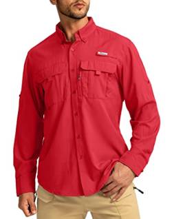 Herren Sonnenschutz Angeln Hemden Langarm Reise Arbeit Hemden für Männer UPF50+ Button Down Shirts mit Reißverschlusstaschen, Rot/Ausflug, einfarbig (Getaway Solids), Mittel von Pudolla