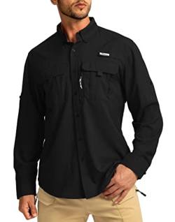 Herren Sonnenschutz Angeln Hemden Langarm Reise Arbeit Hemden für Männer UPF50+ Button Down Shirts mit Reißverschlusstaschen, Schwarz, Klein von Pudolla