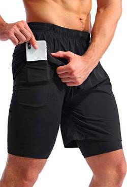 Pudolla 2-in-1-Laufshorts für Herren, 17,8 cm, schnelltrocknend, für Fitnessstudio, Athletik, Workout, Shorts für Männer mit Handytaschen, schwarz, Mittel von Pudolla