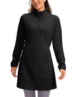 Pudolla Damen Fleece Tunika Kleid mit Tasche Lang Sweatshirt Kleid Quarter Zip Pullover Winterkleid, Schwarz, X-Groß von Pudolla