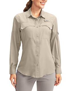 Pudolla Damen UPF 50+ UV-Schutz Shirts Langarm Angeln Wandern Shirt Cool Leicht Reise Safari, Khaki, 3XL von Pudolla