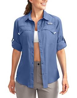 Pudolla Damen UPF 50+ UV-Schutz Shirts Langarm Angeln Wandern Shirt Cool Leicht Reise Safari Shirts, dusty blue, XS von Pudolla