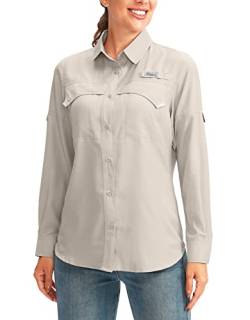 Pudolla Damen UPF 50+ UV Sonnenschutz Shirts Langarm Angeln Wandern Shirt Cool Leicht Reise Safari Shirts, Hellkhaki, 3X-Large von Pudolla