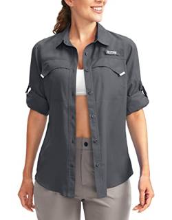 Pudolla Damen UPF 50+ UV Sonnenschutz Shirts Langarm Angeln Wandern Shirt Cool Leicht Reise Safari Shirts, grau dunkel, Mittel von Pudolla