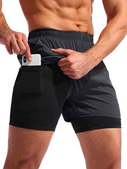 Pudolla Herren 2-in-1 Laufshorts 12,7 cm schnell trocknende Gym Athletic Workout Shorts für Herren mit Handytaschen, grau dunkel, Mittel von Pudolla