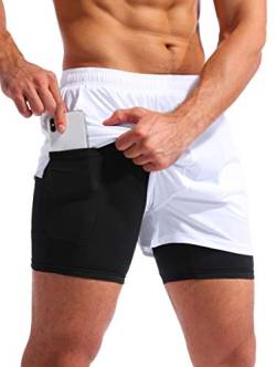 Pudolla Herren 2 in 1 Laufshorts 5 Zoll schnell trocknend Gym Athletic Workout Shorts für Männer mit Handytaschen, Weiß, Mittel von Pudolla