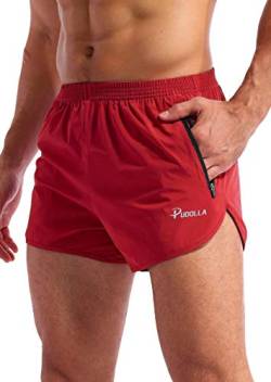 Pudolla Herren Laufshorts 7,6 cm schnell trocknend Fitnessstudio Athletic Workout Shorts für Männer mit Reißverschlusstaschen, dunkelrot, Mittel von Pudolla