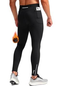 Pudolla Thermo-Laufhose für Herren, mit 3 Reißverschlusstaschen, Workout, Kompressions-Leggings, Radfahren, für Herren, Wandern, Joggen, schwarz, Groß von Pudolla