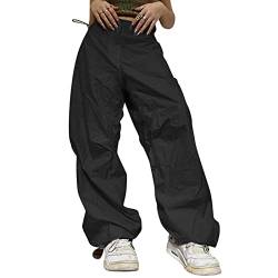 Puimentiua Cargohose Damen Baggy Hose Y2K Track Pants Streetwear Elastische Taille Hose mit Taschen,Schwarz,S von Puimentiua