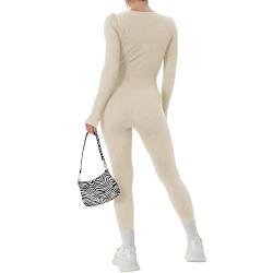 Puimentiua Damen Sport Jumpsuit Langarm Quadratischer|Yoga Jumpsuit Strampler Gerippt Gestrickt Sportanzug Eng Workout Einteiler Bodycon Slim Jogginganzug Club Outfit|L,03 Beige von Puimentiua